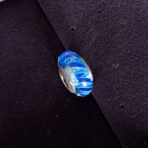 Pandora Glass Blue/Navy Striped Ribbon Swirl Bead